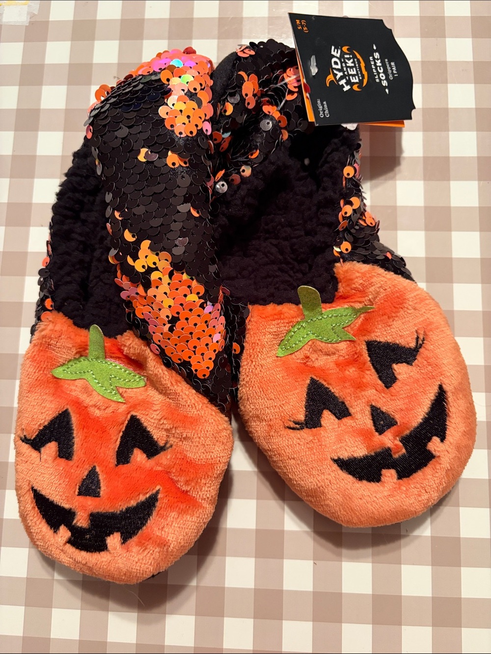 Women's Halloween Pumpkin Sequin Slipper Socks